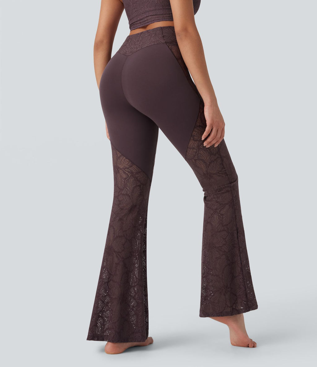 Pantalon de yoga évasé à taille haute croisée, poche arrière et dentelle