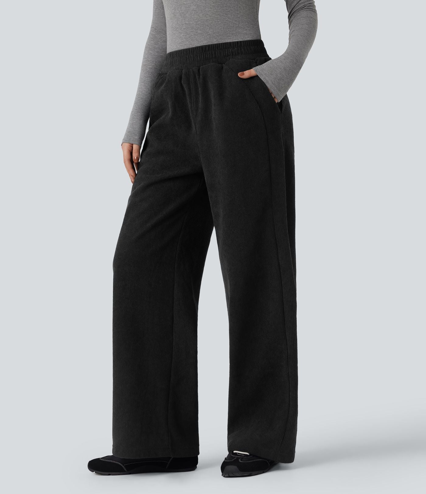Pantalon droit en velours côtelé molletonné taille haute avec poches