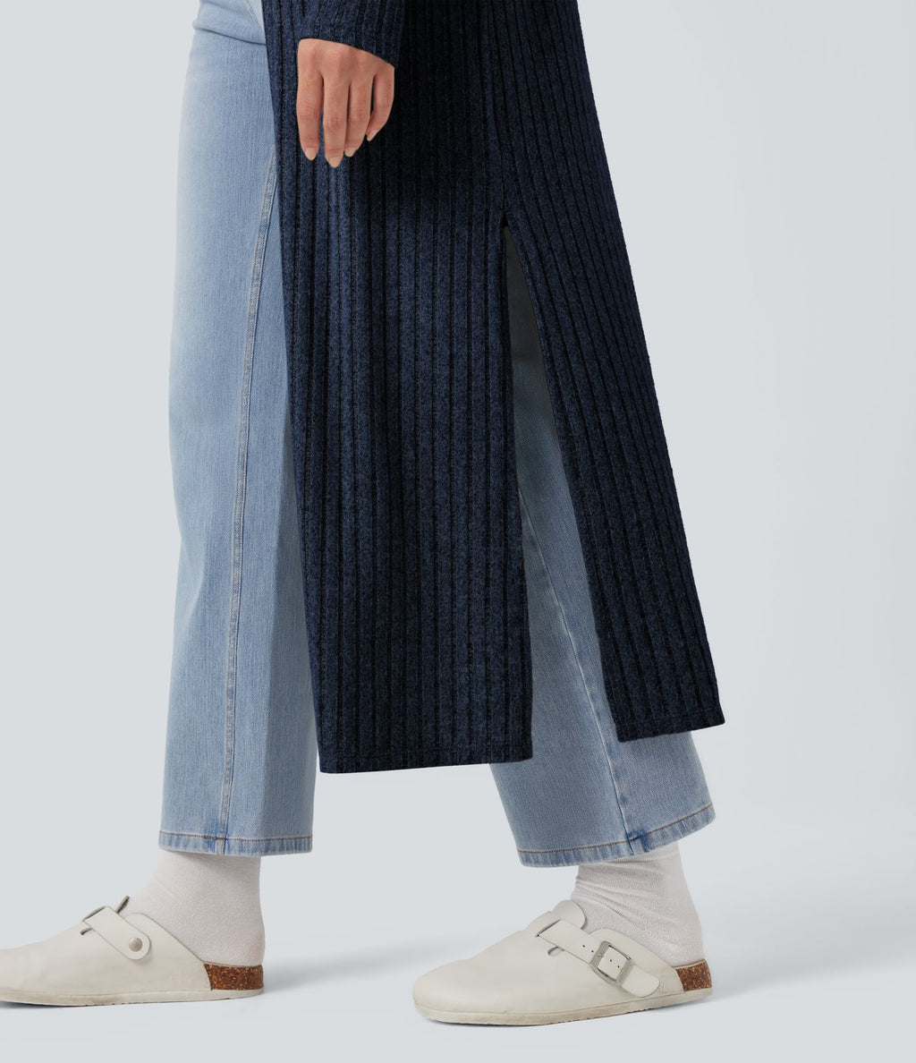 Manteau long décontracté maille côtelée manches longues avec fente