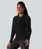 Pull ajouré demi-zip col rond manches longues