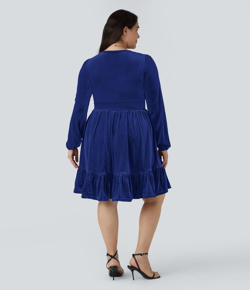 Quotidien de Robe Velours Mini Grande Taille avec Décolleté Profond en V et Ourlet à Volants