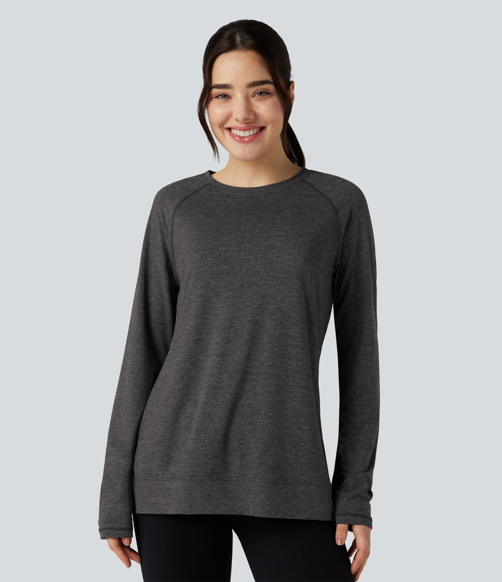 T-shirt doux col rond ourlet fendu manches raglan longues