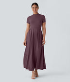 Robe longue décontractée à col montant, manches courtes et poches latérales