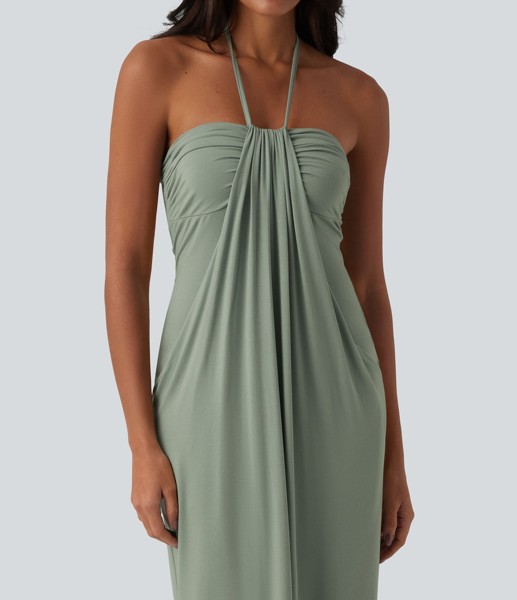Robe longue dos nu col licou avec nœud et poches