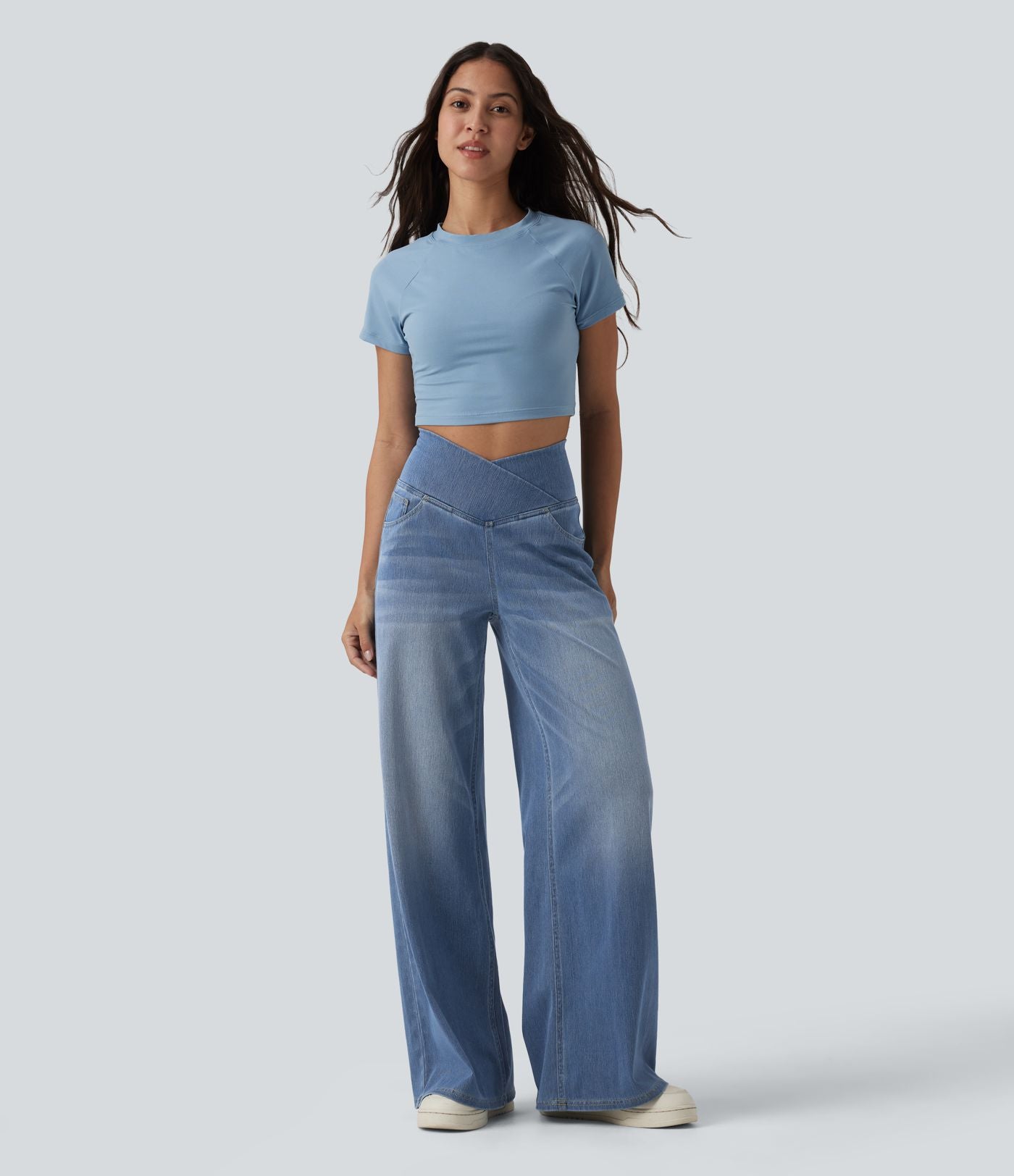 Halara Flex™ Jean large casual taille haute croisée ventre plat, avec poches