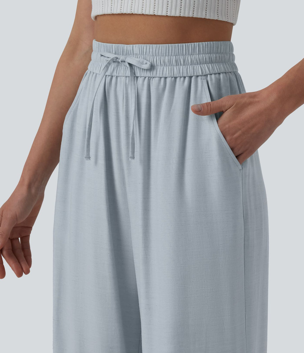 Pantalon casual large mélange lin taille haute avec cordon de serrage et poches