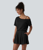 Combishort casual asymétrique manches courtes plissé en nid d'abeille avec poches - Édition Easy Peasy