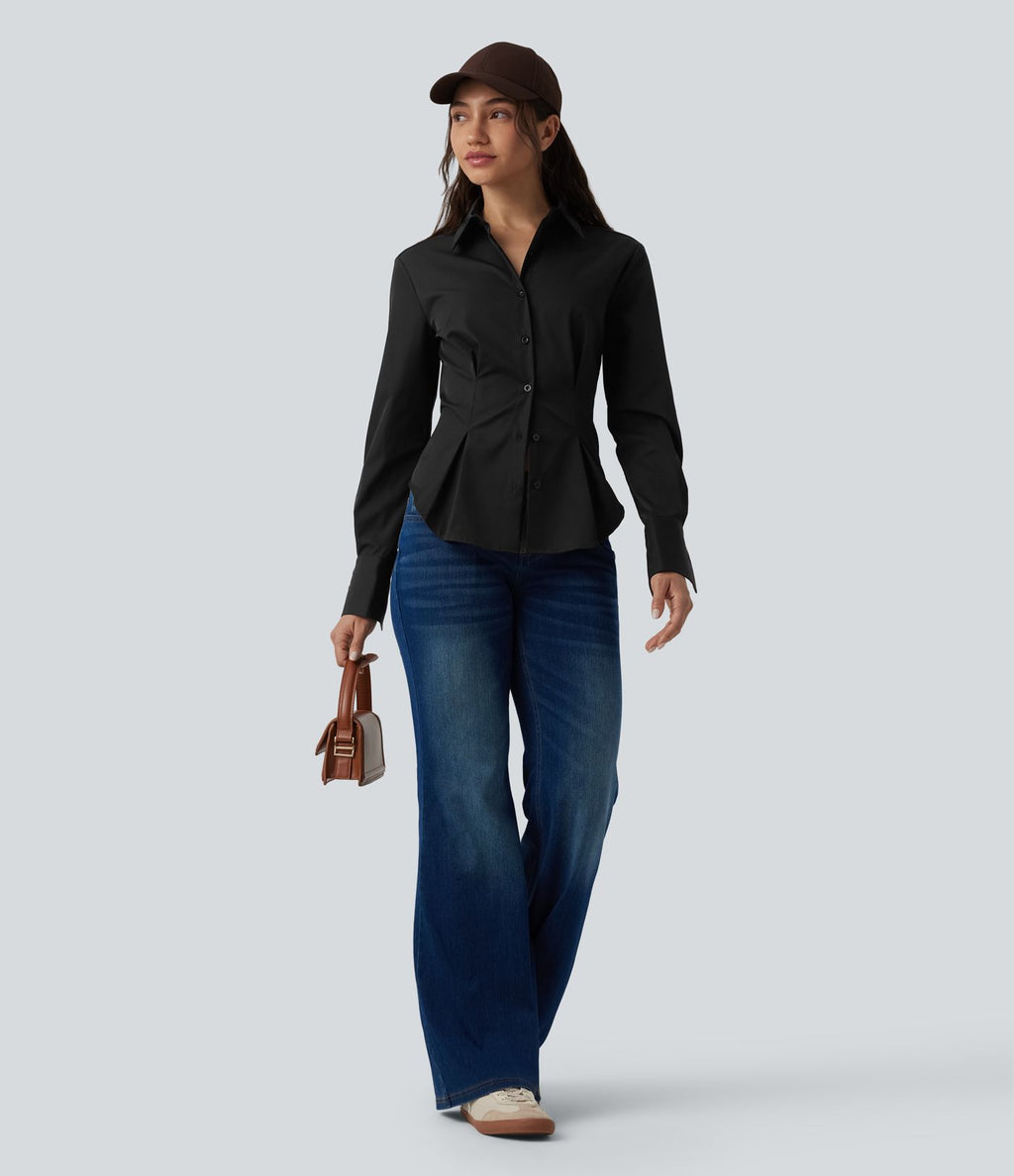 Chemise casual manches longues à ourlet arrondi