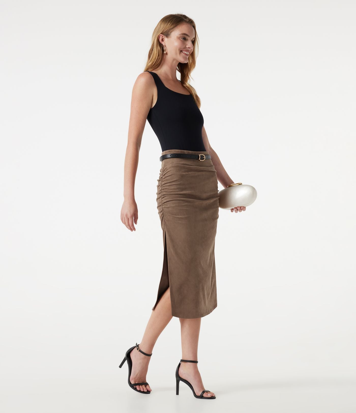 Jupe-short midi moulante taille haute effet ventre plat en suédine froncée