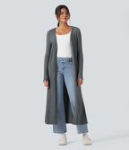 Manteau long décontracté maille côtelée manches longues avec fente