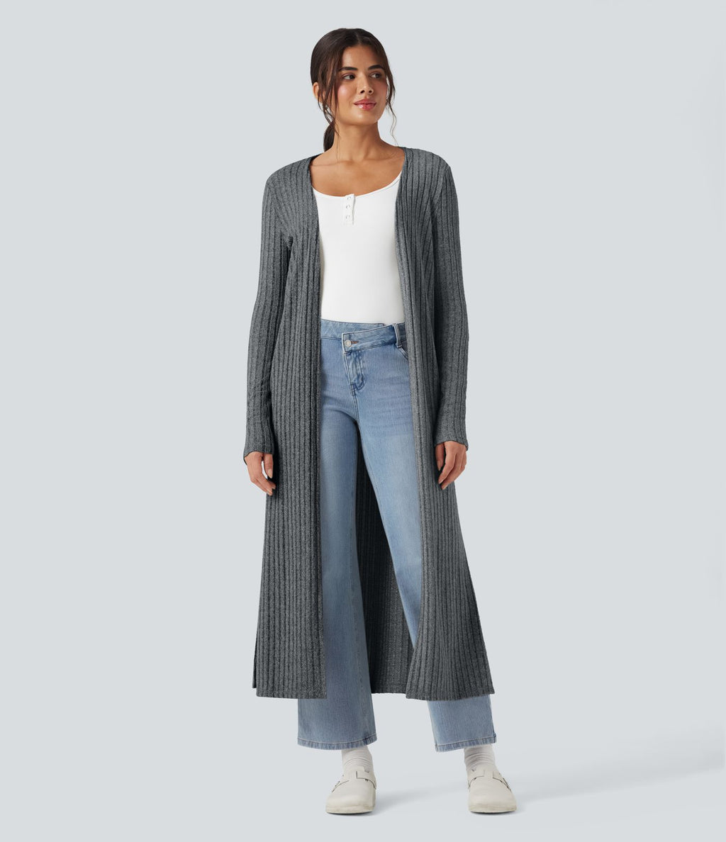 Manteau long décontracté maille côtelée manches longues avec fente