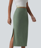 Jupe midi moulante côtelée taille haute aspect lin décontractée