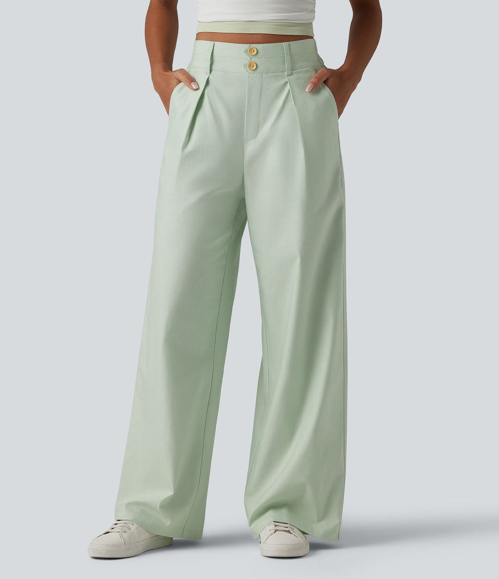 Pantalon large fluide casual en coton et lin taille haute avec poches
