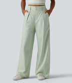 Pantalon large fluide casual en coton et lin taille haute avec poches