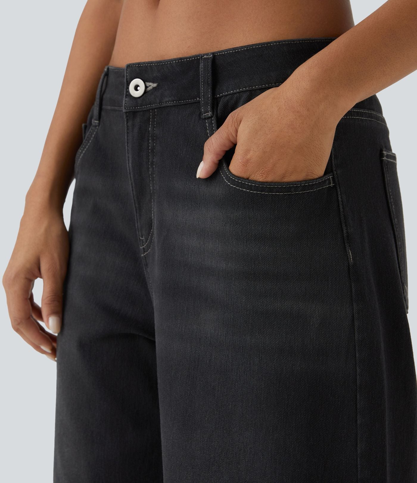 Halara Flex™ Jean Large Casual Taille Basse avec Boutons Zip Multiples Poches Lavés Élastiques et Tricotés