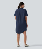 Robe casual mi-longue col manches courtes ourlet courbe avec poches