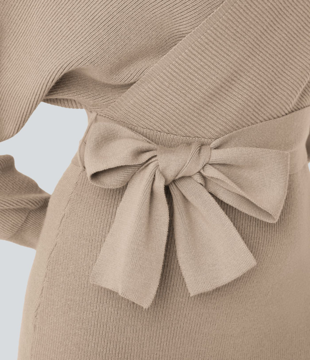 Robe-pull courte décontractée à col V croisé, manches chauve-souris longues et ceinture