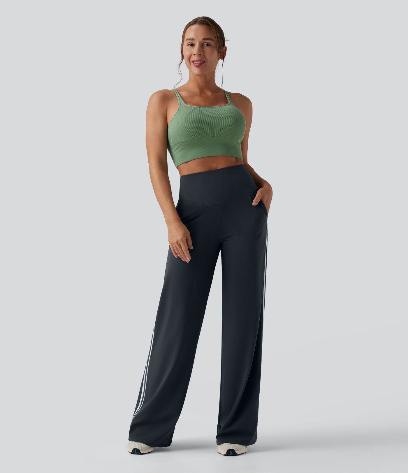 Pantalon ample yoga Halara UltraSculpt™ taille haute gainant à rayures color block avec poches
