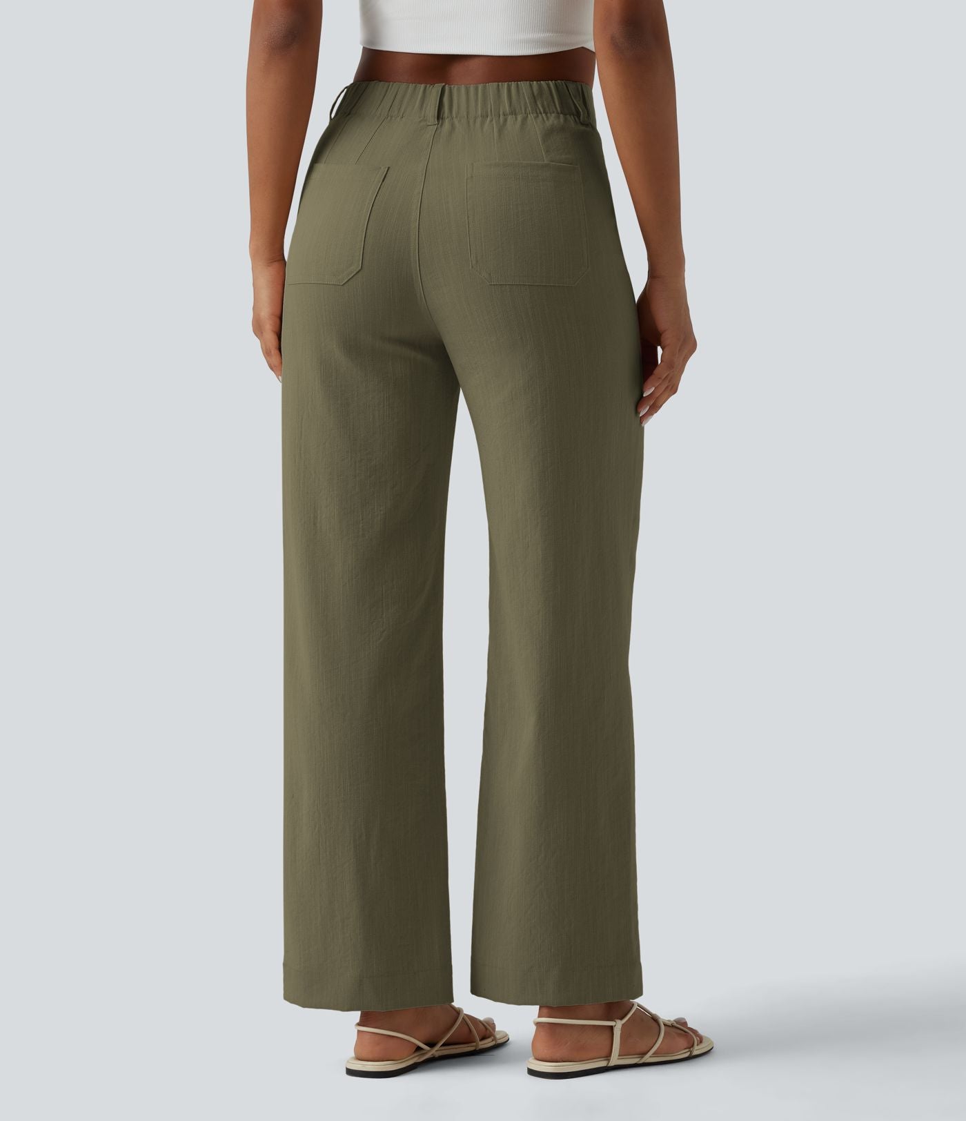 Pantalon taille haute coupe droite effet lin avec poches