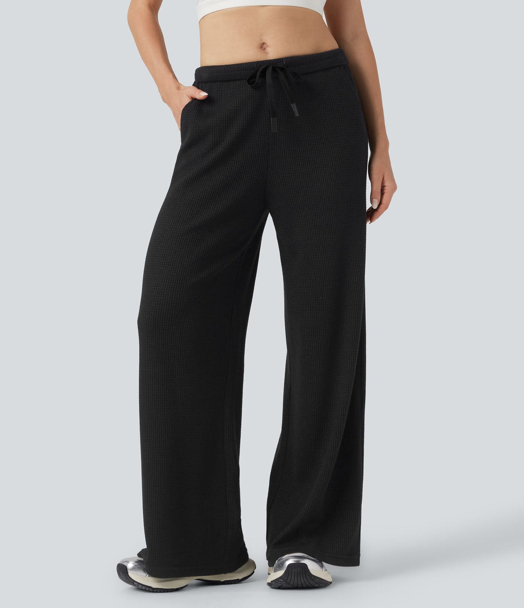 Pantalon large décontracté maille gaufrée taille mi-haute avec cordon et poches