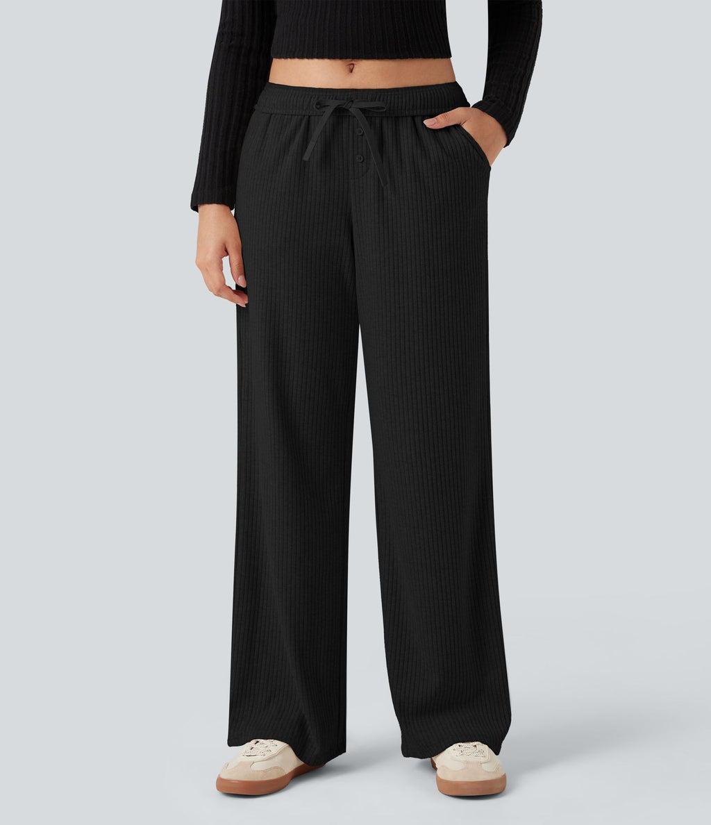 Pantalon large côtelé taille basse pliable avec cordon de serrage et poches