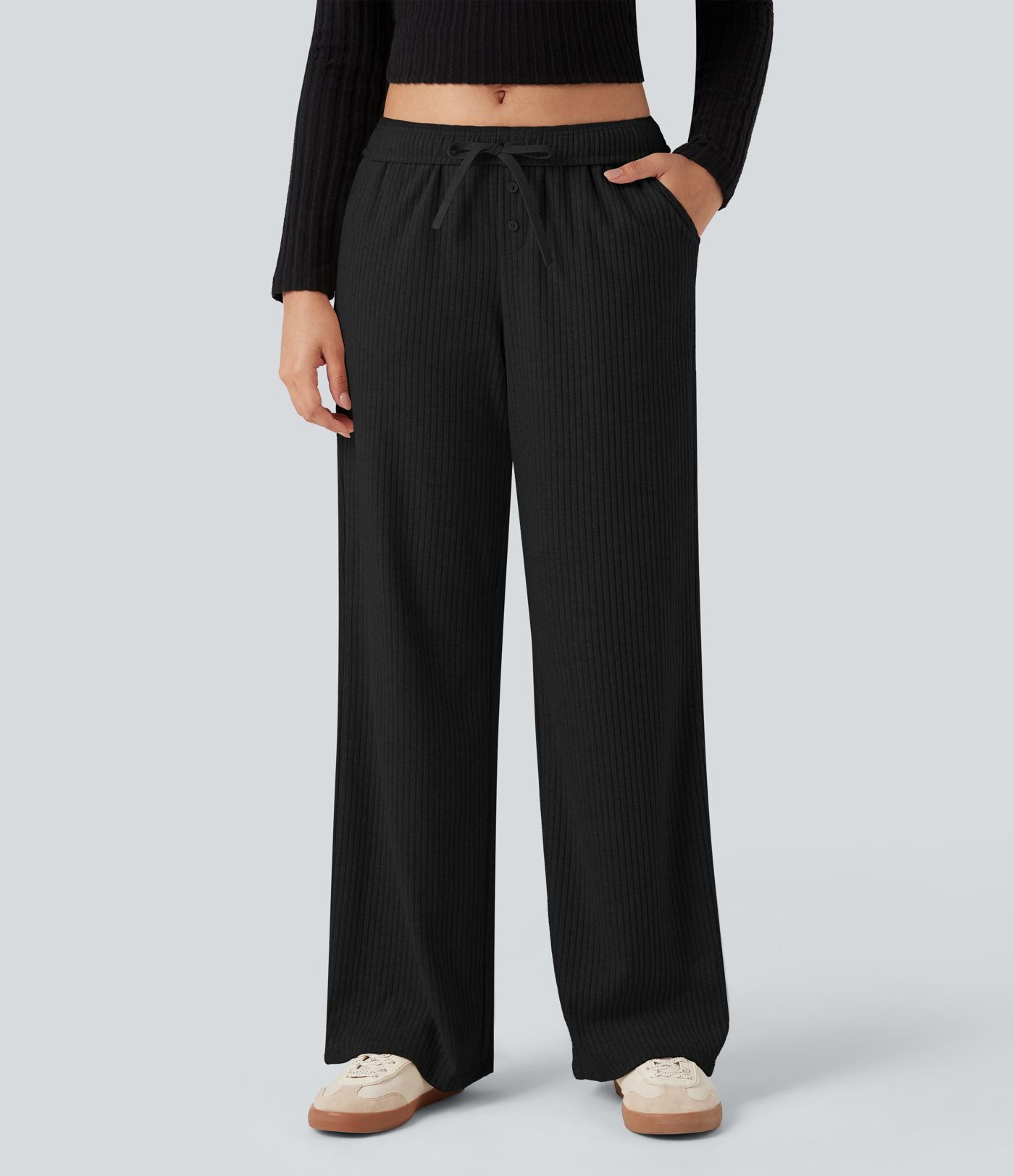 Pantalon large côtelé taille basse pliable avec cordon de serrage et poches