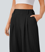 Pantalon décontracté palazzo capri uni effet lin, taille haute, large, avec poches