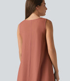 Robe débardeur midi unie sans manches à col rond et poches