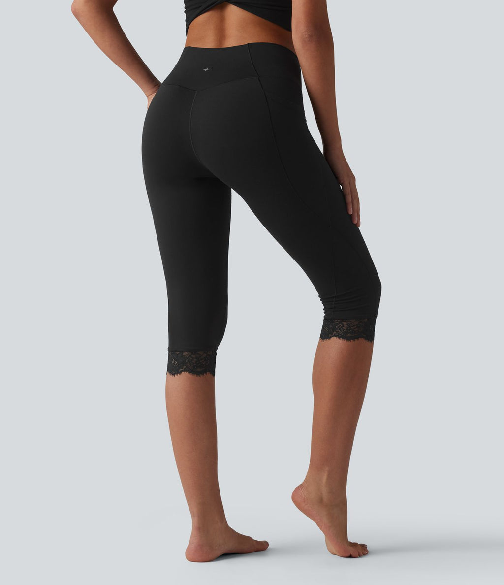 SoftlyZero™ Legging corsaire de yoga croisé taille haute avec dentelle contrastée et poches - UPF50+