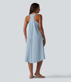 Robe midi resort fluide à carreaux vichy dos nu dos nageur coupe asymétrique avec soutien-gorge intégré et poches