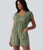 Combishort décontracté col V dos drapé manches courtes en jersey chiné avec poches - Easy Peasy