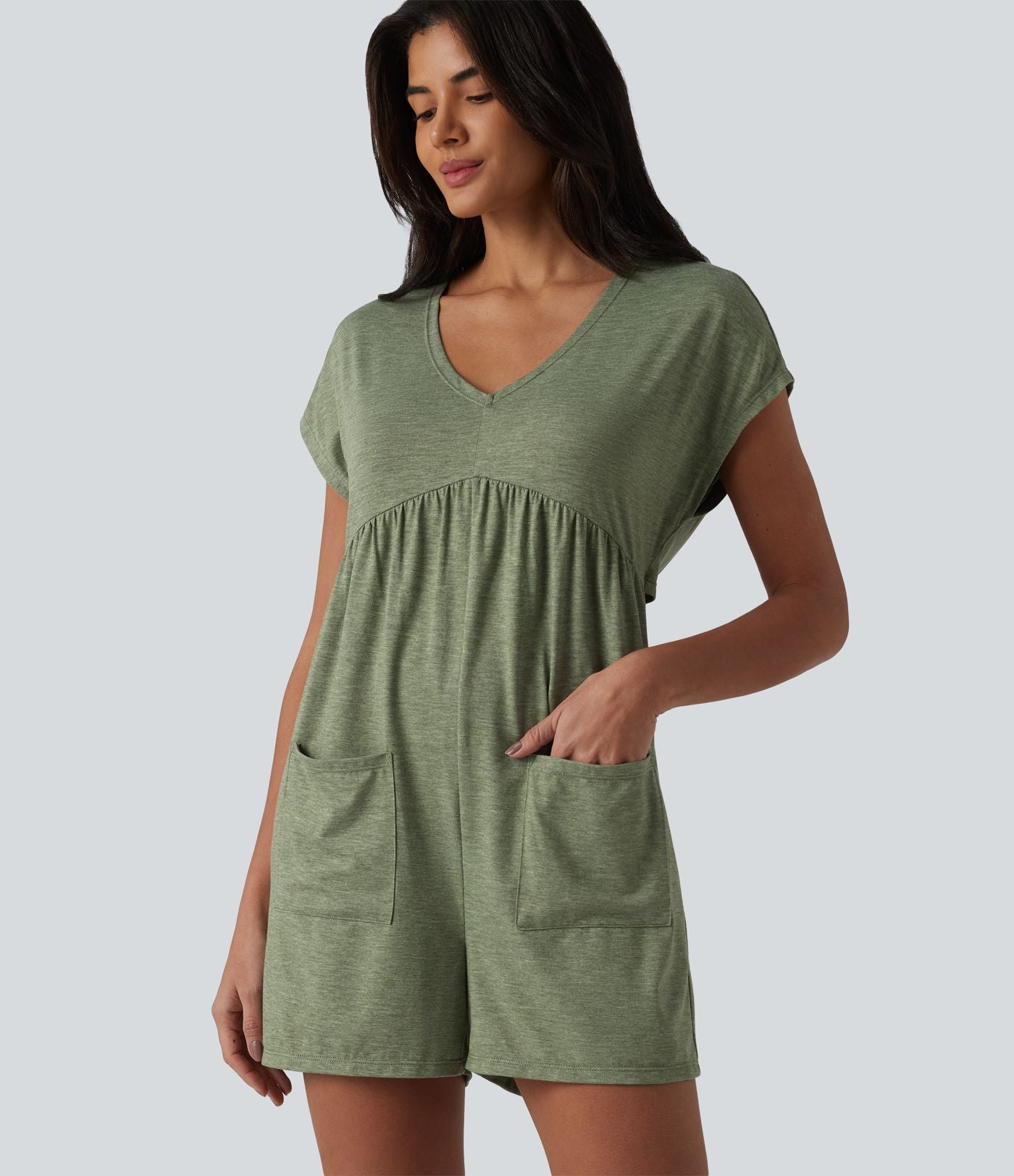 Combishort décontracté col V dos drapé manches courtes en jersey chiné avec poches - Easy Peasy