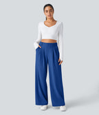Halara Flex™ Pantalon Tailleur Large Fluide Gaufré Taille Haute Poches Latérales