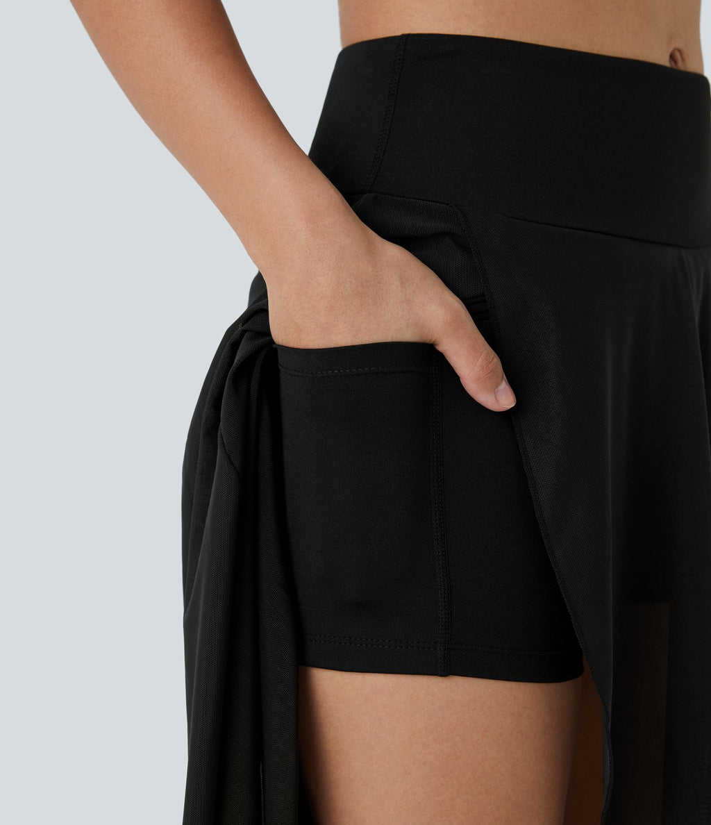 Jupe Longue Fluide Taille Haute à Volants 2 en 1 Poche Latérale Évasée en Mesh Casual Quotidien