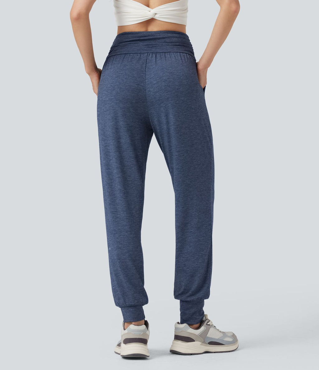 Jogging taille haute froncé chiné avec poches