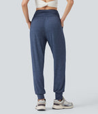 Jogging taille haute froncé chiné avec poches