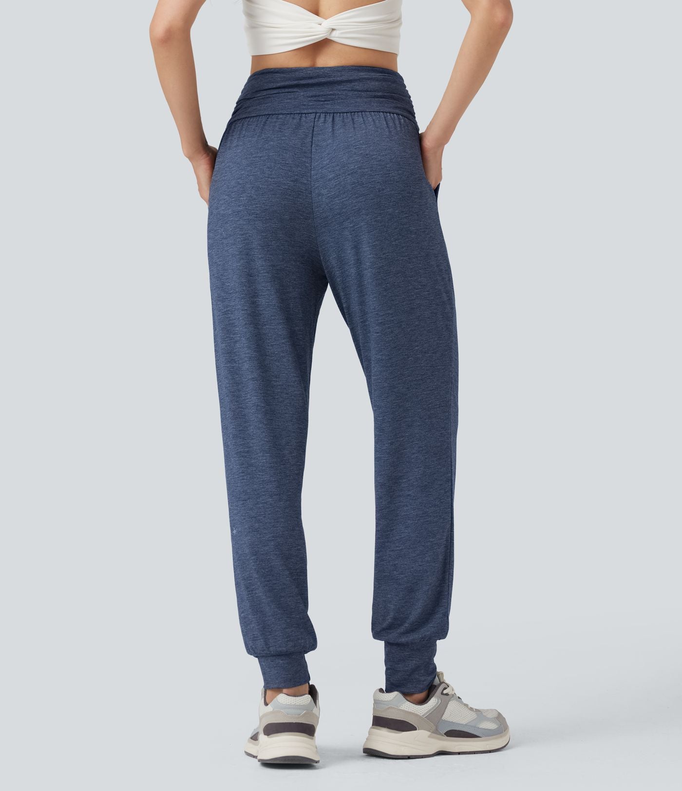 Jogging taille haute froncé chiné avec poches