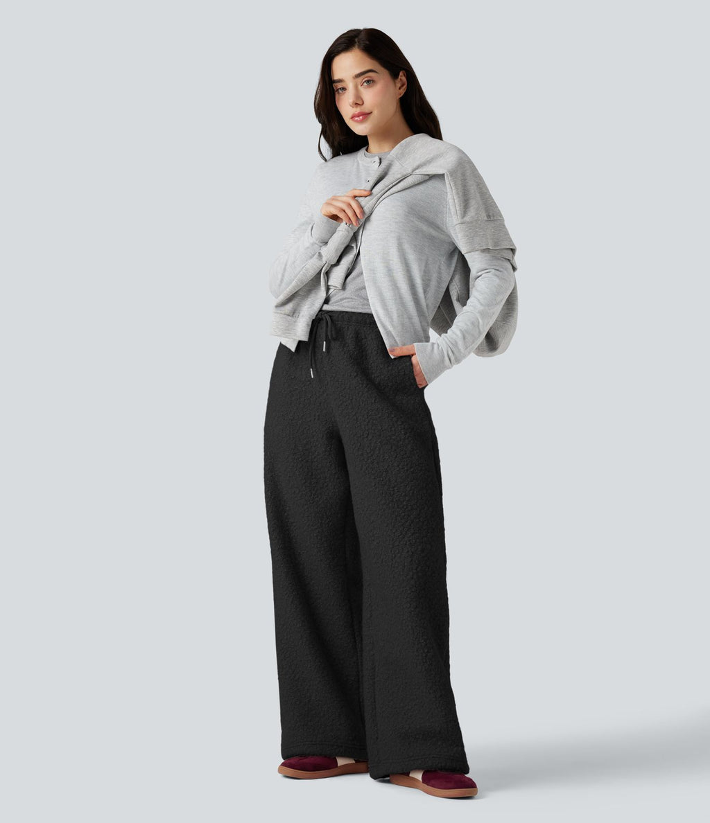 Pantalon large teddy taille mi-haute avec cordon de serrage et poches