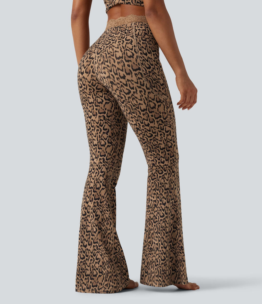 Legging yoga Halara UltraSculpt™ flare taille haute avec ceinture en V imprimé léopard, dentelle contrastée et poches