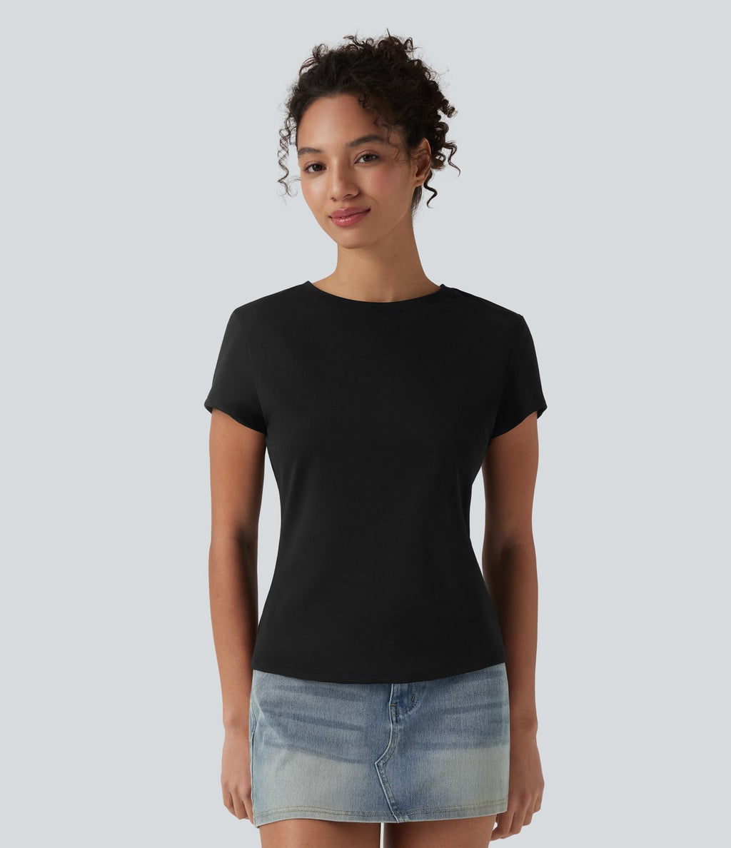 T-shirt baby tee décontracté col rond près du corps - Longueur plus longue