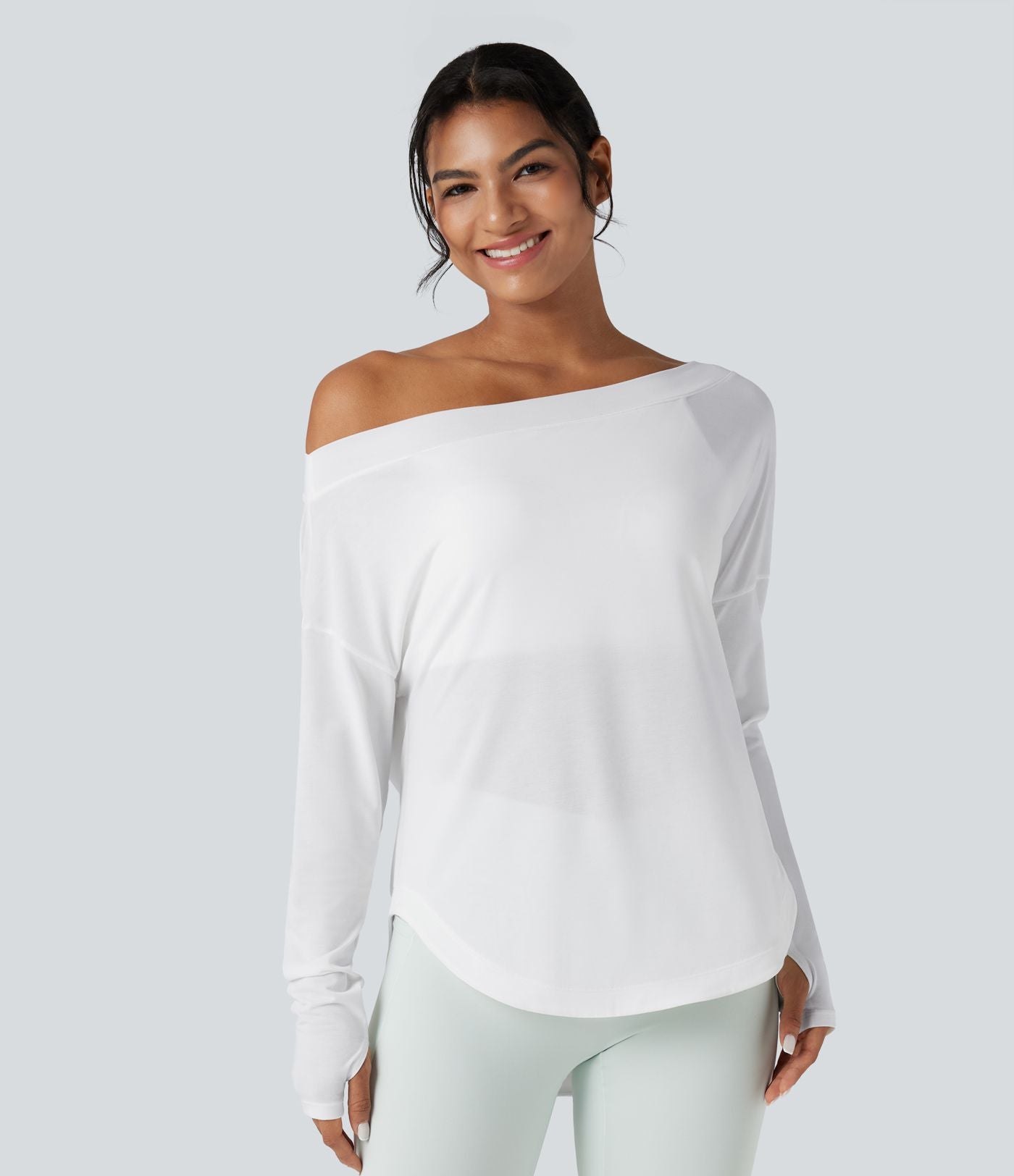 Top de sport yoga une épaule séchage rapide ourlet arrondi asymétrique manches longues avec trous pouces - Brassière intégrée