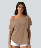 Top de sport yoga asymétrique à épaule dénudée manches courtes ourlet arrondi et coupe asymétrique à séchage rapide – Soutien-gorge intégré