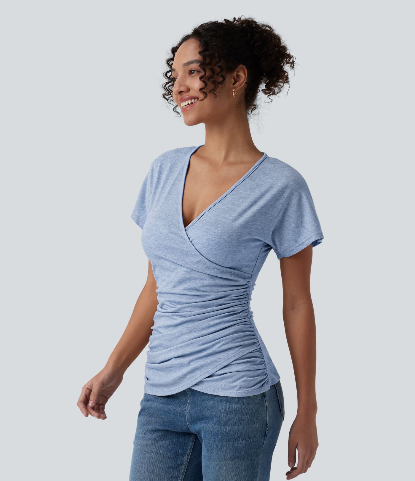 Haut décontracté col V manches courtes froncé