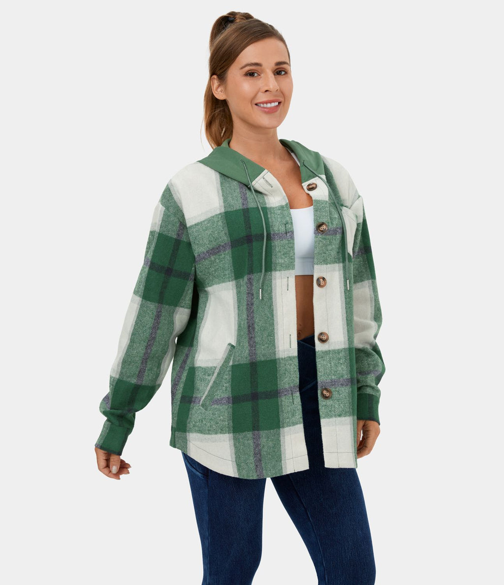 Veste de Casual à Carreaux en Polaire à Capuche avec Cordon de Serrage Boutons et Poches Latérales