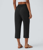 Pantalon capri effet lin taille haute avec poches zippées
