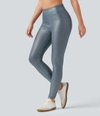 Leggings de yoga taille haute en maille côtelée avec imprimé métallisé et poches