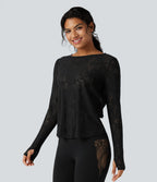 Top de sport yoga dentelle col rond manches longues liens dans le dos avec trous pouces
