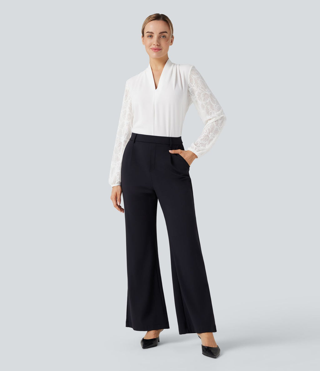 Blouse col V manches longues dentelle contrastante