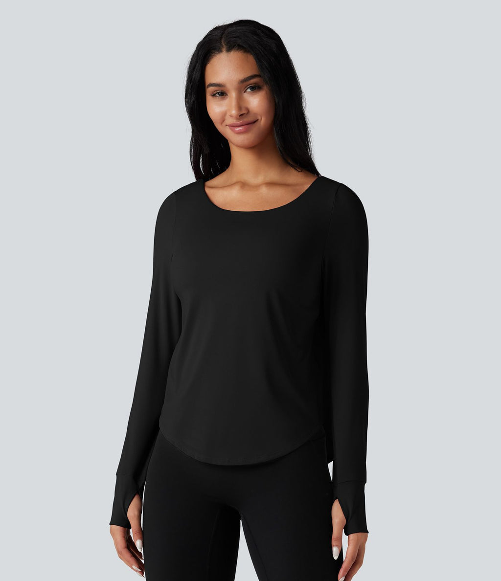 Top de sport yoga 2-en-1 SoftlyZero™ Airy dos nu croisé ourlet arrondi manches longues avec trous pouces - UPF50+