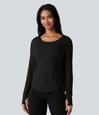 Top de sport yoga 2-en-1 SoftlyZero™ Airy dos nu croisé ourlet arrondi manches longues avec trous pouces - UPF50+